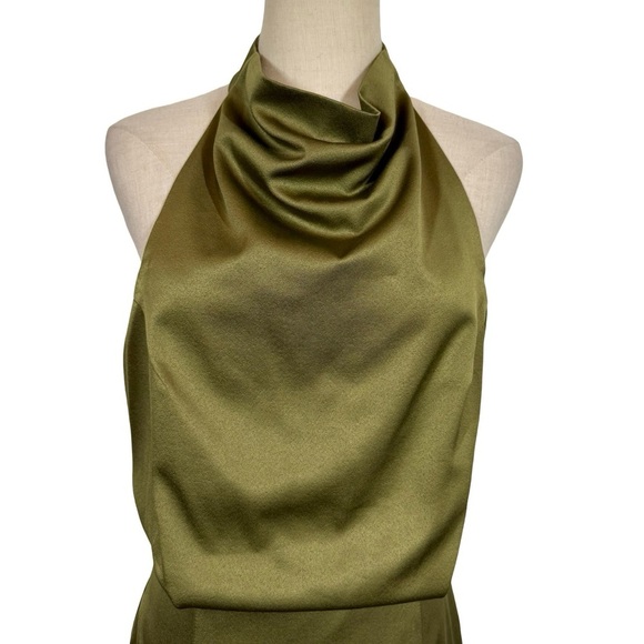 Elliatt Camo Asymmetric Satin Halter Dress in Khaki Green - Picture 8 of 15